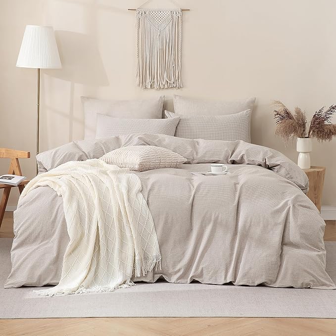 TOCOMOA Mini Gingham Tan Duvet Cover Bedding Set 100% Washed Cotton Like Linen Feel Super Soft Comfy 3 Piece Brown Small Plaid Checkered Fall Comforter Cover Set (Full 80"x90", Comforter Not Included)