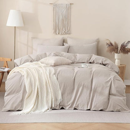 TOCOMOA Mini Gingham Tan Duvet Cover Bedding Set 100% Washed Cotton Like Linen Feel Super Soft Comfy 3 Piece Brown Small Plaid Checkered Comforter Cover Set (Queen 90"x90", Comforter Not Included)