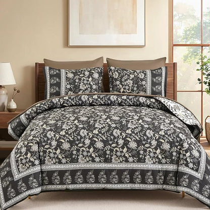 Dinjoy Boho Comforter Set Queen,Brown Gray Bedding Paisley Floral 7 Piece Bed in a Bag Reversible Lightweight Bohemain Comforters with Sheet Sets for All Season