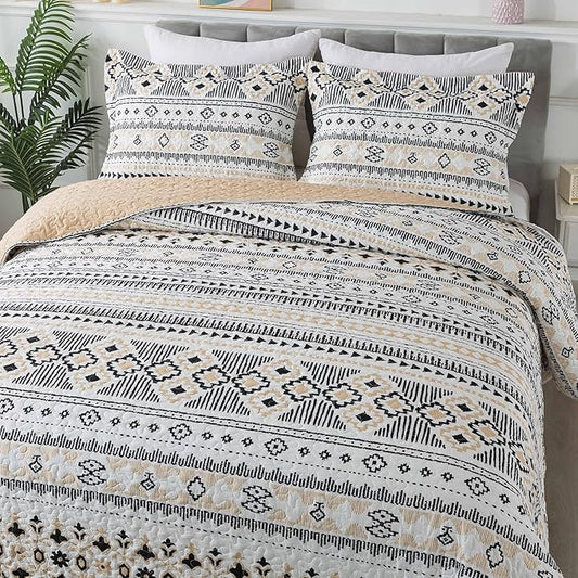 BEDIFANY Boho Quilt King Size Set, Lightweight Bedspread King Size Stripe Boho King Quilt, Quilt Bedding Set for Bed Decoration, All-Season Coverlet Set, 3 Pieces