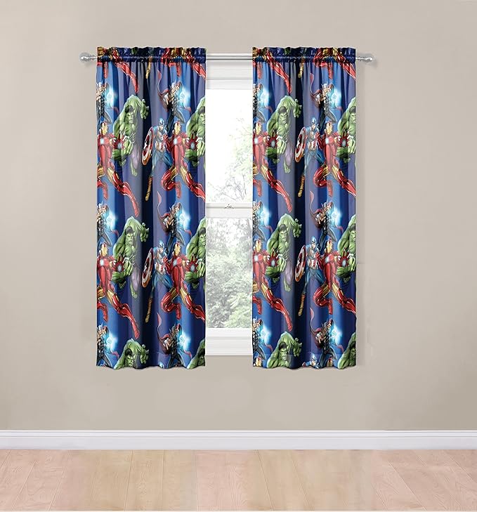 Jay Franco Kids Window Drapes - 4 Piece Curtain Set Includes 2 Tiebacks, Beautiful Bedding Room Décor and Easy Set Up, Blue - Avengers, 63 Inch