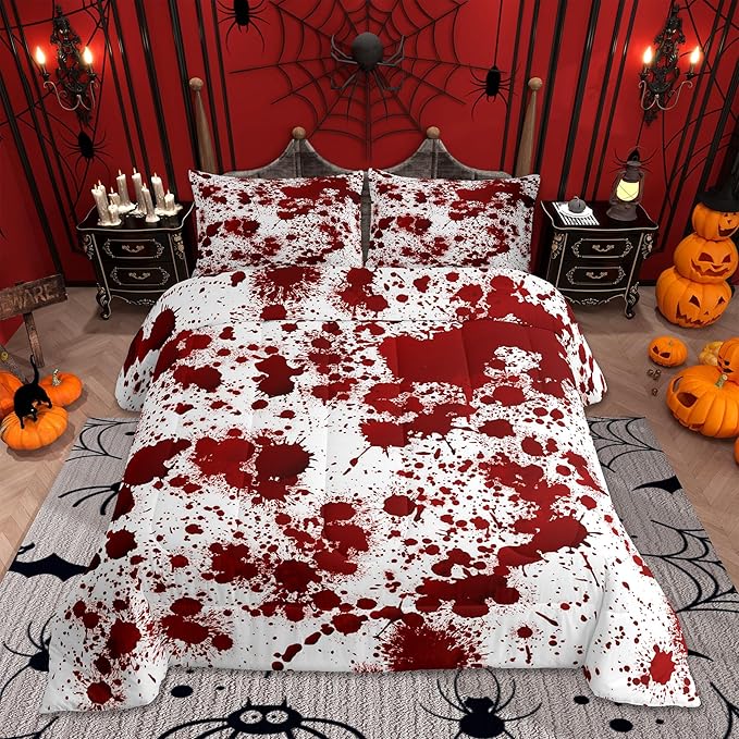 Red Tie Dye Comforter Set Queen Size,Halloween Decor Bedding Set 3pcs for Kids Teens Adults Bedroom,Gothic Horror Style Quilt Set Cartoon Hand Painted Graffiti Duvet Insert with 2 Pillowcases