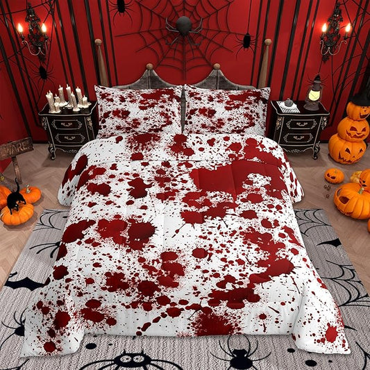 Red Tie Dye Comforter Set Queen Size,Halloween Decor Bedding Set 3pcs for Kids Teens Adults Bedroom,Gothic Horror Style Quilt Set Cartoon Hand Painted Graffiti Duvet Insert with 2 Pillowcases