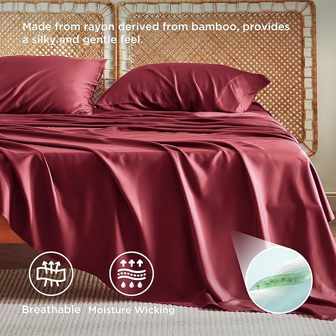 Bedsure Queen Sheet Set, Rayon Derived from Bamboo, Cooling Sheets, PureWoven, Breathable & Soft, Deep Pocket Up to 16 Inches, Hotel Luxury Silky Bedding for Hot Sleepers, Burgundy