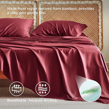 Bedsure King Size Sheets Set, Cooling Sheets for Hot Sleepers, Rayon Derived from Bamboo, PureWoven, Breathable & Soft, Deep Pocket Up to 16 Inches, Hotel Luxury Silky Bedding, Burgundy