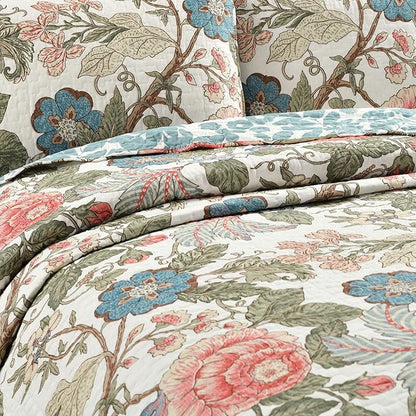 Lush Decor Sydney Reversible Cotton Quilt Set, 3 Piece Set, Full/ Queen, Green & Blue - Cotton Bedding Set - Blue Floral Quilt - Cottage Decor - Bedding Queen Size