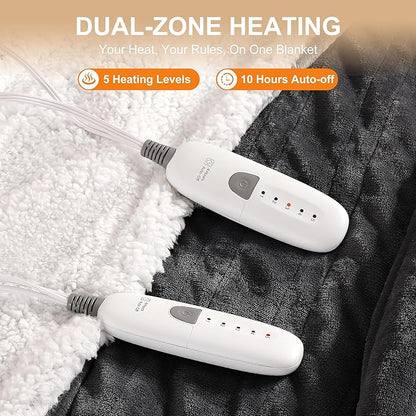 Electric Blanket Queen Heated Blanket - Heating Blanket Queen Size Soft Plush Sherpa with Dual Controllers, 5 Heating Level & 10 Hour Auto Off, ETL Certified, Warm Gifts for Grandma(Charcoal Grey)