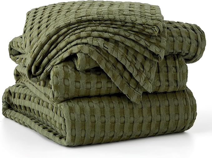 Bedsure Cooling Cotton Waffle Oversized King Blanket - Lightweight Breathable Rayon Derived from Bamboo for Hot Sleepers, Luxury Throws for Bed and Sofa, Olive Green, 120x96 Inches
