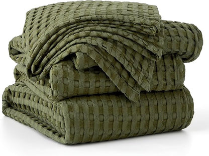 Bedsure Cooling Cotton Waffle Oversized King Blanket - Lightweight Breathable Rayon Derived from Bamboo for Hot Sleepers, Luxury Throws for Bed and Sofa, Olive Green, 120x96 Inches