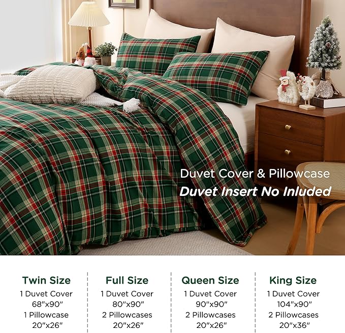 TOCOMOA Christmas Plaid Duvet Cover Set 100% Washed Cotton Like Linen Feel Super Soft Comfy 2 Piece Green Red Gingham Checkered Bedding Comforter Cover Set (Twin 68"x90", Comforter Not Included)