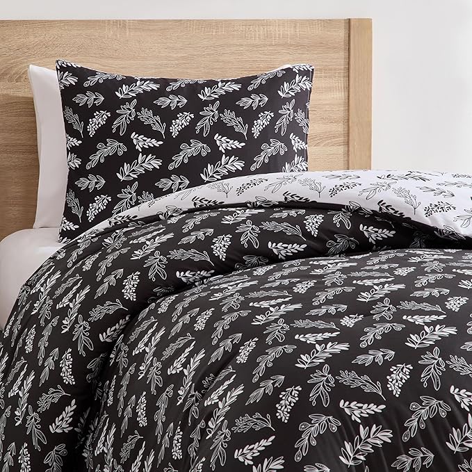 Nestl Twin/Twin XL Comforter Set - Black Bed in a Bag Twin, 2 Pieces Reversible Bed Set, Soft Floral Bedding Set for College Dorm, All Season Botanical Comforters with Pillow Sham