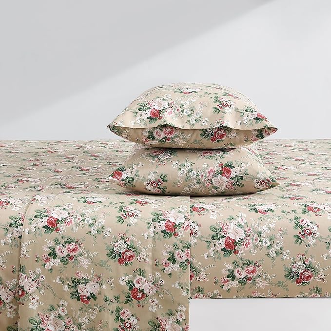 Laura Ashley - Queen Sheets, Cotton Percale Bedding Set, Lightweight & Breathable Home Decor (Ashfield Beige, Queen)