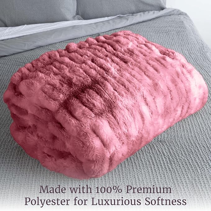 Lavish Home Oversized Ruched Faux Fur Blanket - 60x80-Inch Plush Polyester Faux Fur Queen-Size Throw for Sofas and Beds - Luxurious Bedding (Pink)