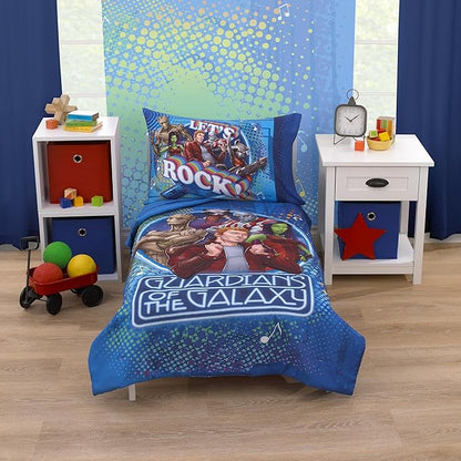 NoJo Marvel Guardians of The Galaxy Blue Let's Rock 4 Piece Toddler Bed Set - Comforter, Fitted Bottom Sheet, Flat Top Sheet, and Reversible Pillowcase