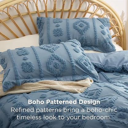 Bedsure Boho Tufted Blue Comforter King Size, GentleSoft™ 3 Pieces Boho Farmhouse Decor Bedding, Exquisite Shabby Chic Bedding for All Seasons, 1 Bed Comforter, 2 Pillow Shams, 104x90 Inches