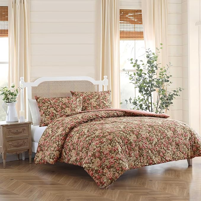 Laura Ashley - King Comforter Set, Soft Cotton Bedding with Matching Shams, Floral Home Decor, Oeko-Tex Certified (Bloomsbury Brown, King)