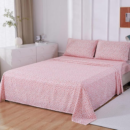 Softan Pink Floral Twin Sheet Set, 3-Piece Cozy Microfiber Leopard Printed Fitted Bed Sheet with 15" Deep Pockets & Non-Slip Straps, Kids Girls Cute Patterned Sheets & Pillowcase Set