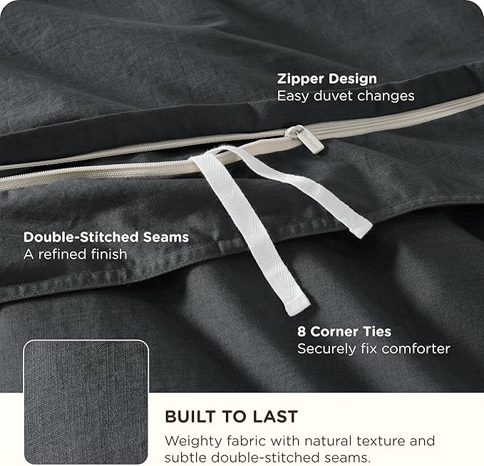 Bedsure Cotton Duvet Cover King - Luxury Slub Weave 100% Cotton Duvet Cover Set, PureWoven Bedding Set with a Linen Like Textured, Easy Change, Charcoal, 104" x 90"