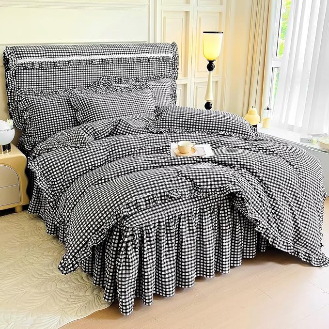 mixinni Vintage Black Gingham Ruffle Comforter Set 3-Piece Washed Cotton Queen Size Grid Bedding Set with Geometric Checkered Pattern, Farmhouse Chic Soft Fluffy Comforter for All-Season