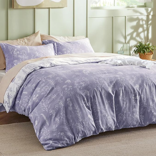 Bedsure Twin/Twin XL Duvet Cover - Reversible Purple Duvet Cover Set with Zipper Closure, 2 Pieces Cute Floral Patterned Bedding Set with 8 Corner Ties and 1 Pillow Sham