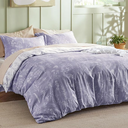 Bedsure Duvet Cover Queen Size - Reversible Lilac Purple Queen Duvet Cover Set with Zipper Closure, 3 Pieces Cute Floral Patterned Bedding Set with 8 Corner Ties and 2 Pillow Shams