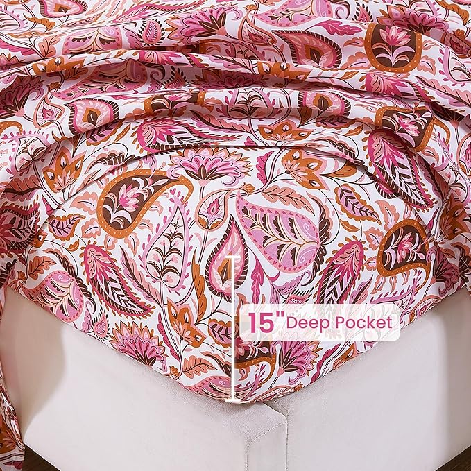 Softan Pink Paisley Floral Twin Sheet Set, 3-Piece Cozy Boho Microfiber Printed Fitted Bed Sheet with 15" Deep Pockets & Non-Slip Straps, Kids Girls Patterned Sheets & Pillowcase Set