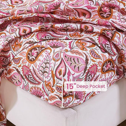 Softan Pink Paisley Floral Queen Sheet Set, Cozy Boho Microfiber Printed Fitted Bed Sheet with 15" Deep Pockets & Corner Non-Slip Straps, Patterned Sheets & Pillowcase Set