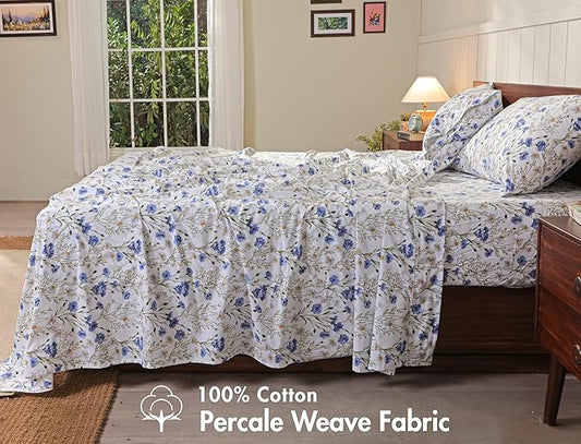 RUVANTI 100% Cotton Sheets – Full Size Percale Bedding, Cooling & Breathable Floral Design, Durable with a Crisp, Soft & Comfortable Feel, 16" Deep Pocket, 4-Piece Set, Sweet Pea