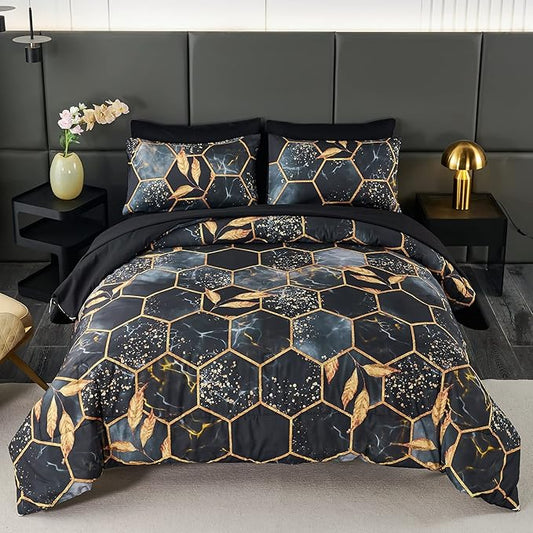 ANGIYUIN Geometric Black Queen Comforter Set, 7 Pieces Modern Foil Print Decor Gold Trim Bed in A Bag, Ultra Soft Lightweight Duvet Insert for All Season (Black Queen)