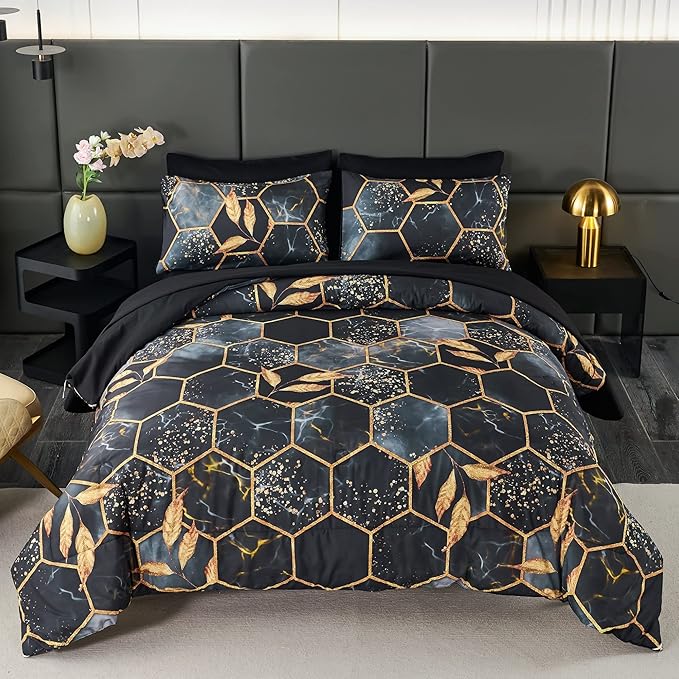 ANGIYUIN 7Pcs Black and Gold Comforter Set Full Size, 3D Hexagon Geometric Bedding Comforter Set, Marble Bed in A Bag Watercolor Foil Print Bed Sets with Comforter and Sheets (Black Full)