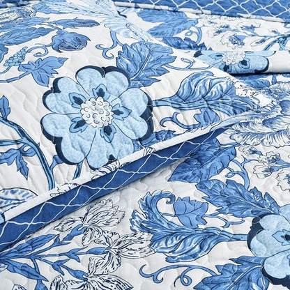 Lush Decor Sydney Reversible Cotton Quilt Set, 3 Piece Set, Full/Queen, Navy & White - Cotton Bedding Set - Navy Floral Quilt - Cottage Decor - Bedding Queen Size