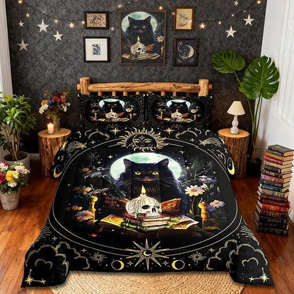 Trippy Cat Comforter Set Twin Size,Sun and Moon Kids Bedding Set Gothic Sugar Skull Crow Print Quilt Set for Girls Boys Adult Room Decor,Exotic Daisy Floral Duvet Insert,1 Pillowcase,Black