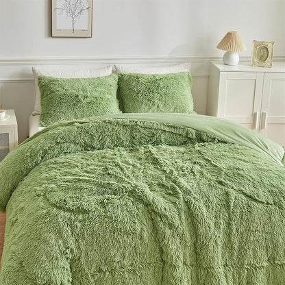 Wajade Faux Fur Plush White Comforter Set Fluffy Fuzzy Shaggy Bedding Set - 3PC Full/Queen Microfiber Soft Warm Quilt Set (Sage Green, King)