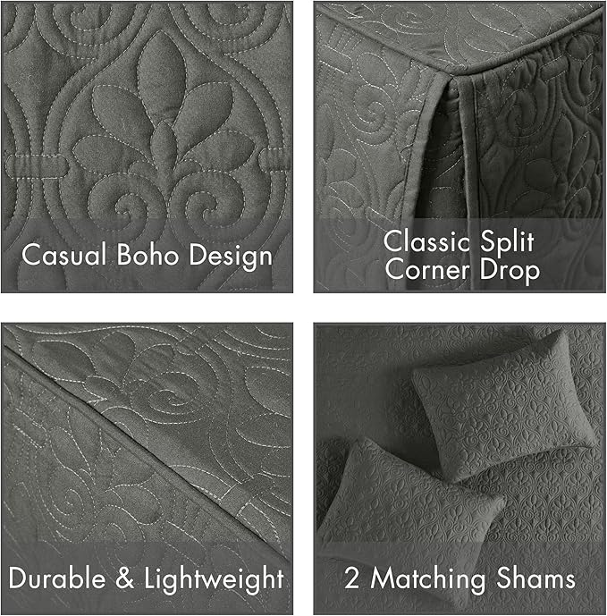 Madison Park Quebec Split Corner Quilted Bedspread Classic Traditional Design All Season, Lightweight, Bedding Set, Matching Shams, King, Damask Quilted Dark Grey 3 Piece