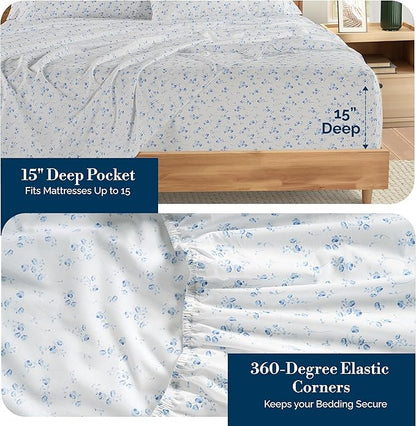 Casa Platino Queen Bed Sheets Set – 100% Cotton Sheets Queen with 4 Pillowcases, Ultra Soft & Breathable Cool Fabric, Tailored Fit with 15" Deep Pockets, Great Everyday Sheets – Floralis