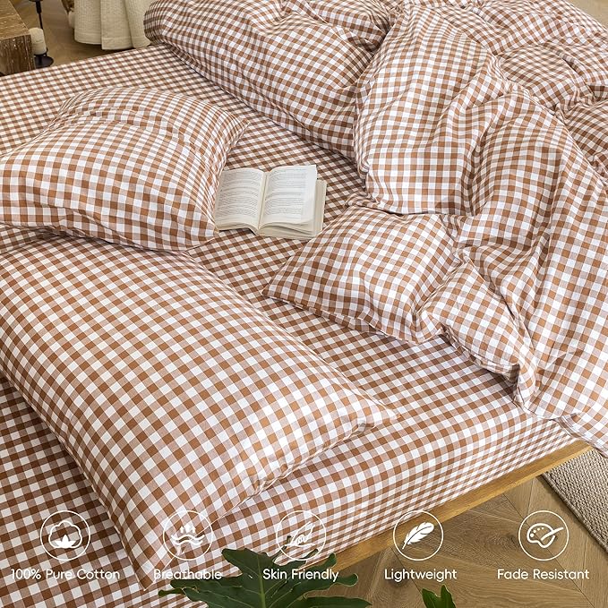 MooMee Bedding Pillowcases Gingham Pack of 2 100% Washed Cotton Linen Like Textured Breathable Durable Soft Comfy (Classic Gingham Dark Orange, Standard)