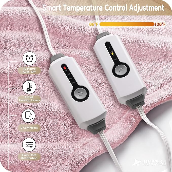Electric Heated Blanket Queen Size 84"x90", with Dual Control Breathable & Luxurious Flannel, with 4 Heating Levels & 10 Hours Auto-Off, Fast Heating, Machine Washable, for Bedding -Light Pink