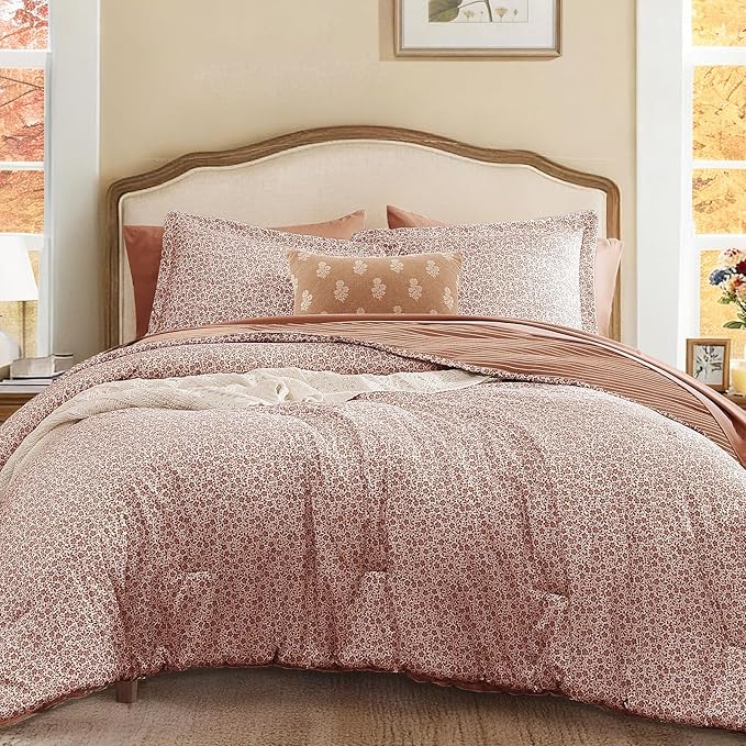 Full Comforter Set - 7 Pieces Autumn Leaf Gauze Muslin Bedding Sets for All Seasons, Lightweight Breathable Bed in a Bag Full with Revesible Farmhouse Comforter, Sheets, Pillowcases & Shams