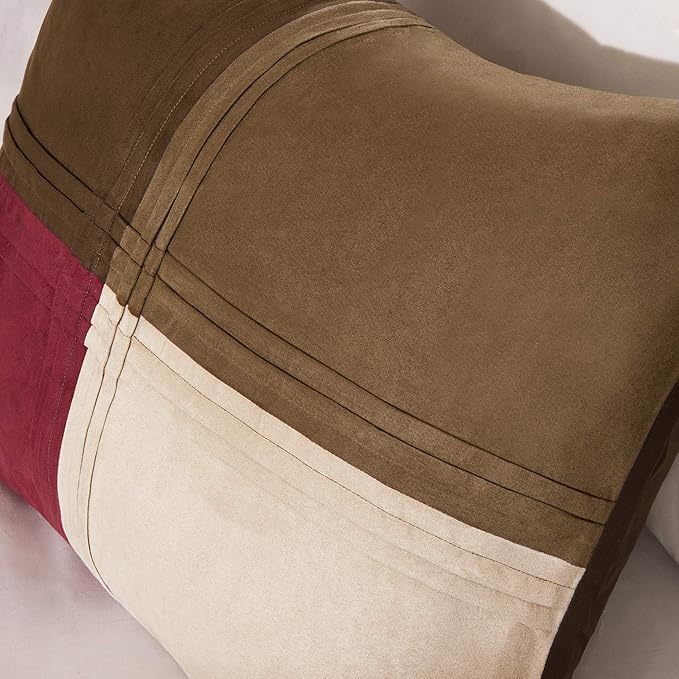 Madison Park Cozy Comforter Set Casual Blocks Design All Season, Matching Bed Skirt, Decorative Pillows, King(104"x92"), Red Brown, 7 Piece