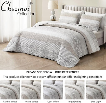 Chezmoi Collection Robyn 3-Piece Neutral Taupe Gray White Floral Hibiscus Flower Patchwork Striped Quilt Set - Pre-Washed Cotton Coverlet - Lightweight Reversible Bedspread, Queen Size