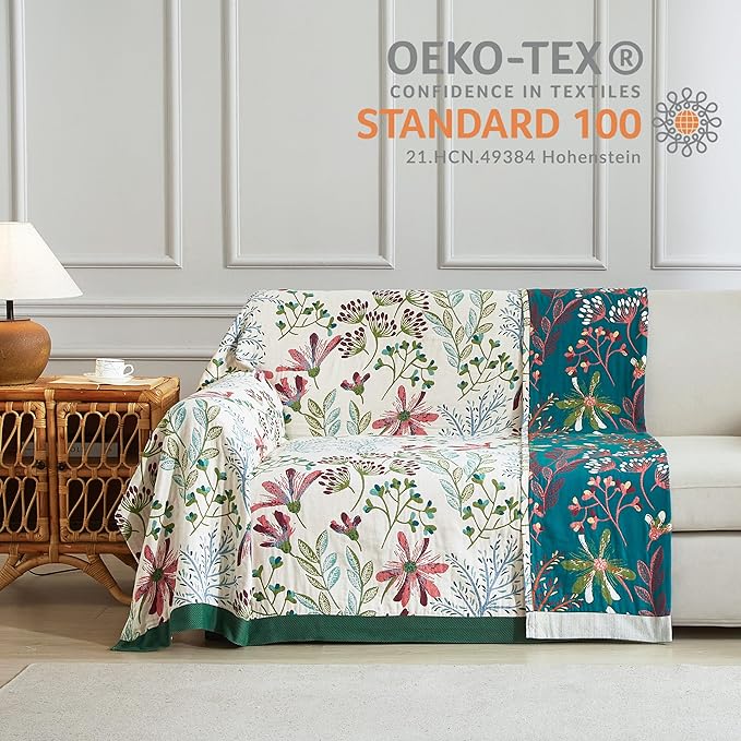 Boho Throw Blanket for Bed 50”x60”, 100% Cotton Woven Blanket for Couch Sofa, Ultra Soft 4-Layer Muslin Quilt with Floral Printed, Farmhouse Bed Blanket/Cover for Living Room Decor