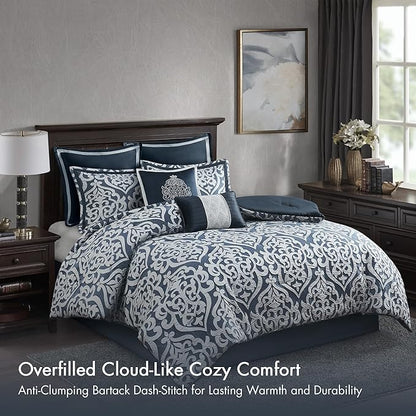 Madison Park Odette Cozy Comforter Set Jacquard Damask Medallion Design - Modern All Season, Down Alternative Bedding, Shams, Decorative Pillows, King(104 in x 92 in), Navy 8 Piece