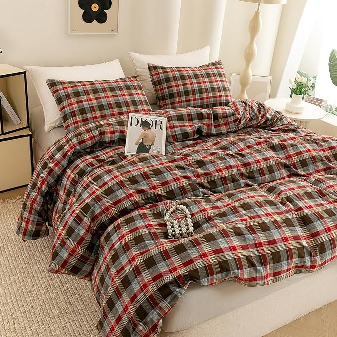 ECOCOTT Buffalo Plaid Duvet Cover King Size– 3 Piece Washed Cotton Bedding Set with Classic Checkered Pattern, Red & Brown Duvet Cover with Pillowcases for All Seasons