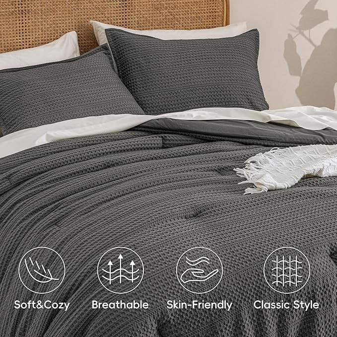 PHF Soft Waffle Comforter Set Twin Size- Comfy Breathable Waffle Weave Comforter with 1 Pillow Shams, 2 Pieces Less Snagging Lightweight Textured Bedding Set for All Season, Grey