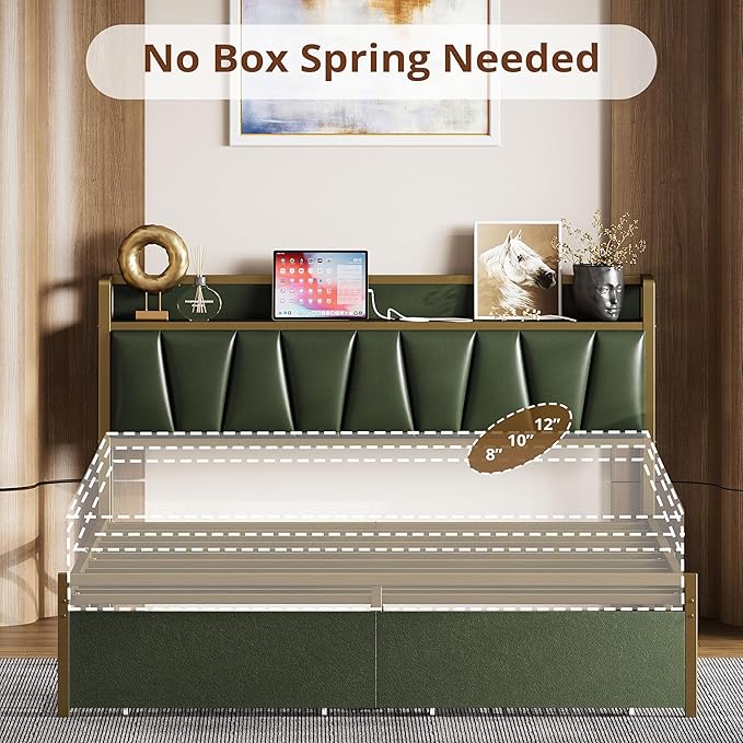 LIKIMIO Queen Bed Frame, Storage Headboard with Charging Station, Platform Bed with Drawers, No Box Spring Needed, Easy Assembly, Dark Green
