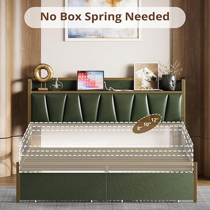 LIKIMIO Queen Bed Frame, Storage Headboard with Charging Station, Platform Bed with Drawers, No Box Spring Needed, Easy Assembly, Dark Green