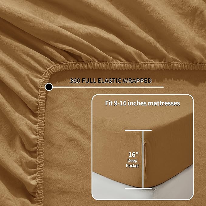 LBRO2M 100% Pure Linen Sheet Set Deep Pocket Up to 16" Bed Sheets Sets, Natural Flax Beddings Soft, Breathable, Comfortable for All Seasons Twin XL Size, Rust