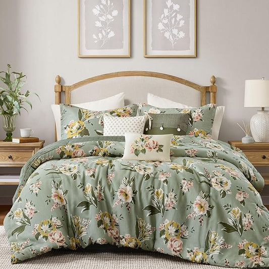 Madison Park Vintage Floral Reversible Comforters King Size Bed, All Season, Down Alternative Bedding Comforter, Bedskirt, Pillows, Shams, Salara, King Green 7 Piece | Reversible