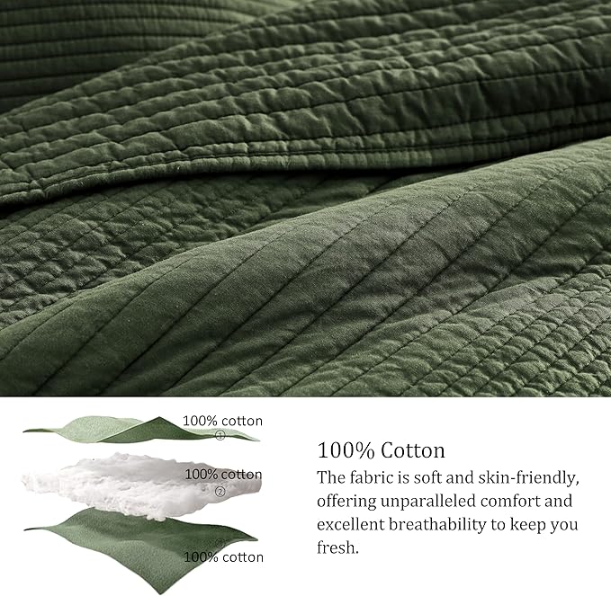 palassio Striped Olive Green 100% Cotton Quilt Twin Size Bedding Sets, Lightweight Crinkly Channel Pick Stitch Textured Bedspread Soft Shabby Chic Farmhouse Country Coverlet for All Season, 1 Sham