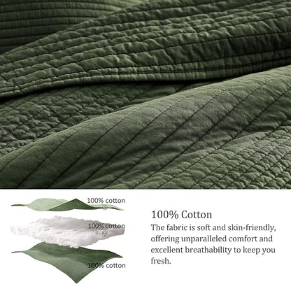 palassio Striped Olive Green 100% Cotton Quilt King Size Bedding Sets, Lightweight Crinkly Channel Pick Stitch Textured Bedspread Soft Shabby Chic Farmhouse Country Coverlet for All Season, 2 Shams